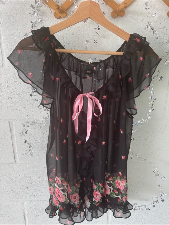 Victoria's Secret Tops - Tie front Black Sheer Blouse with Pink Rose Accents
